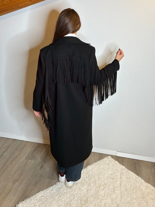 Cappotto lungo nero con frange