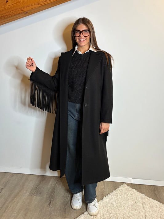 Cappotto lungo nero con frange