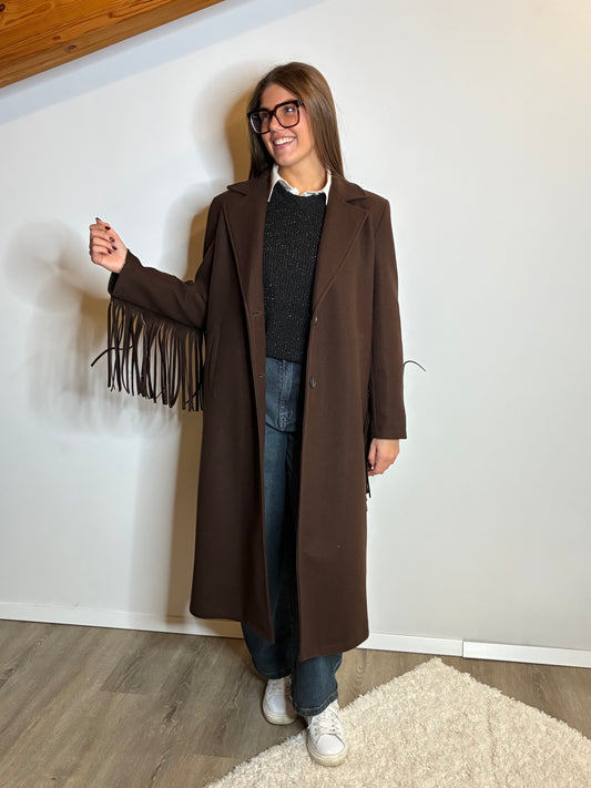 Cappotto lungo marrone con frange