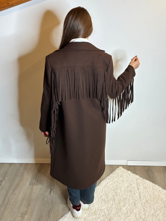 Cappotto lungo marrone con frange