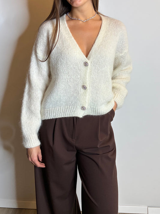 Cardigan bottoni gioiello panna