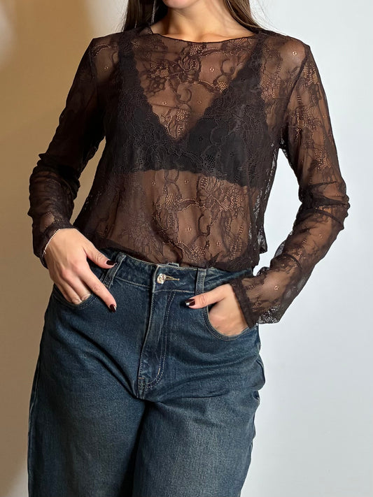 Maglia in pizzo marrone