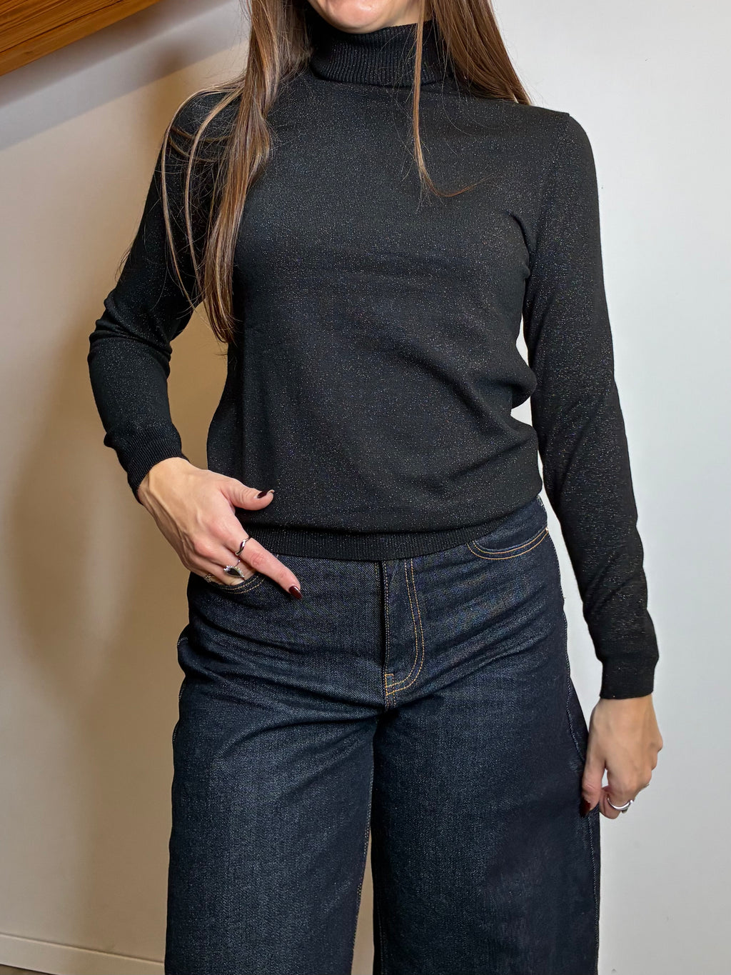 Pullover lurex collo alto nero