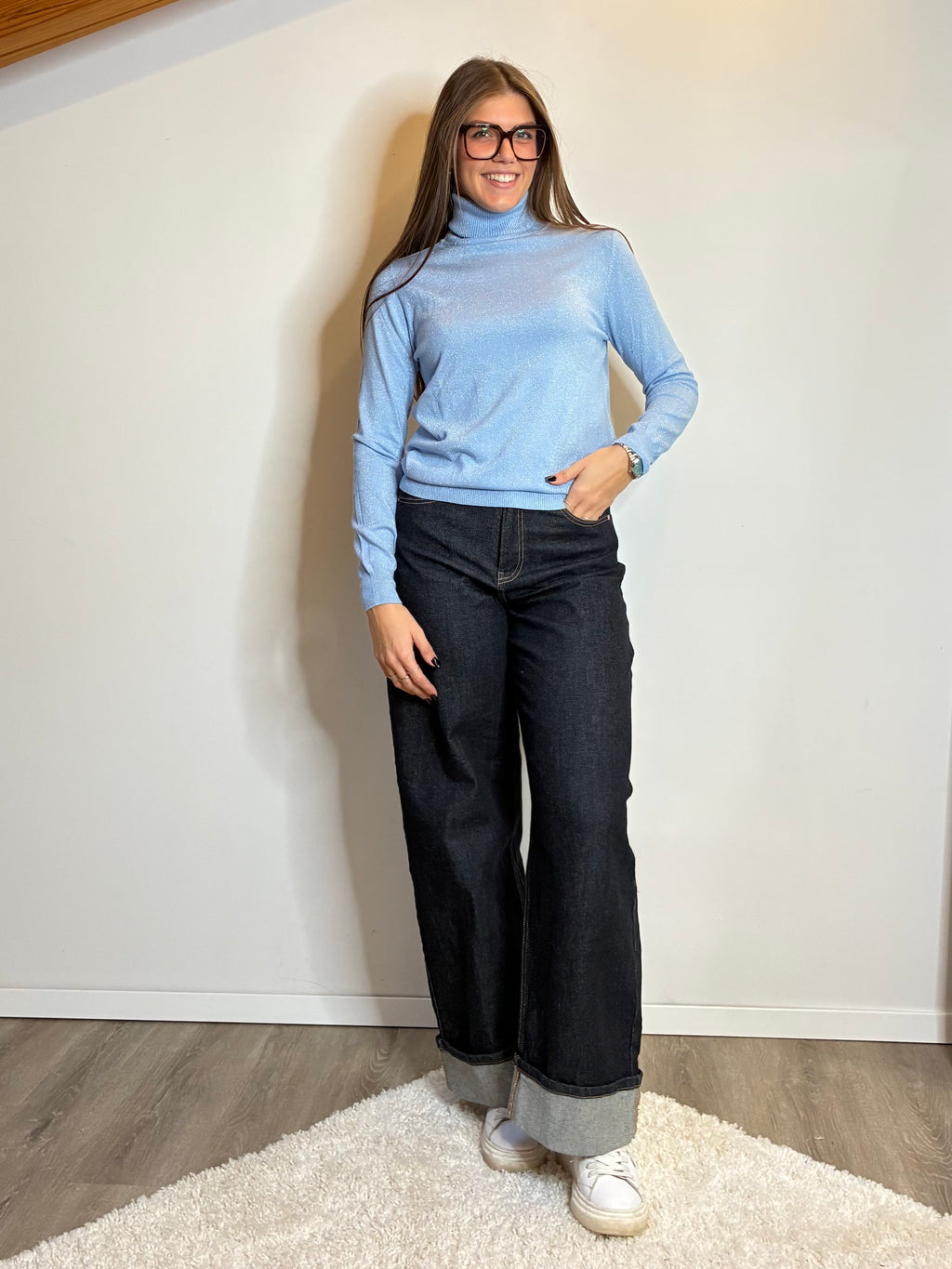 Pullover lurex collo alto azzurro