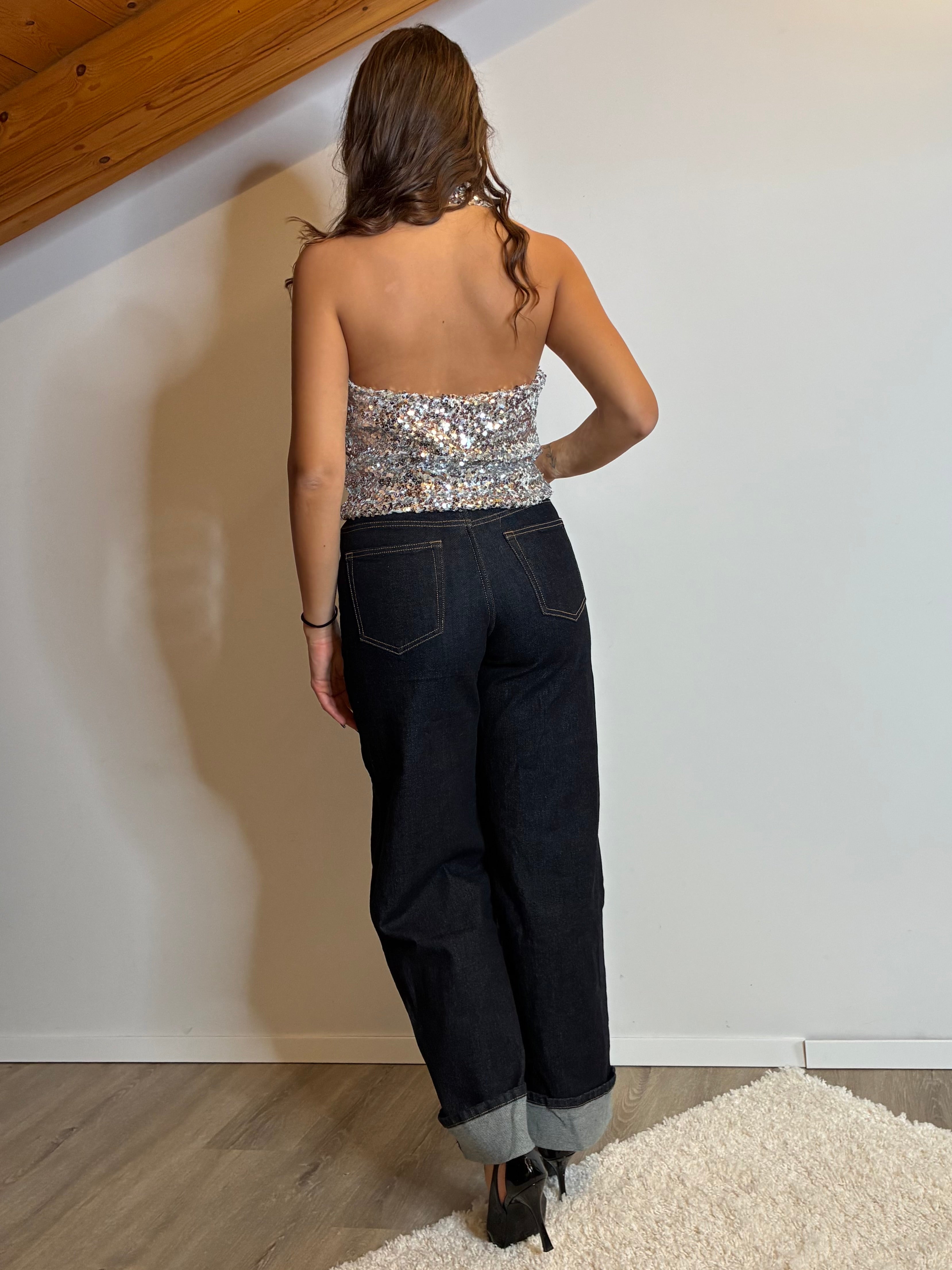 Top scollatura paillettes argento